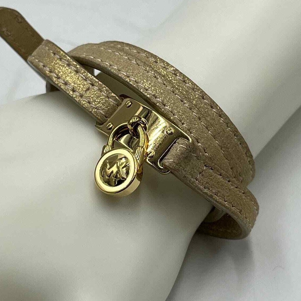 Michael Kors Gold Glittery Metallic Leather Wrap Gold Tone Padlock Bracelet